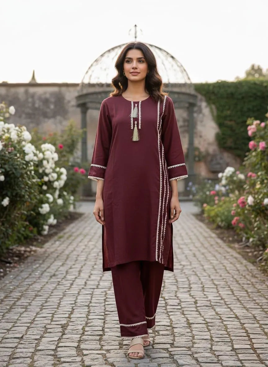 2 Pcs Women's Stitched Cotton Lawn Lace Work Shirt And Trouser