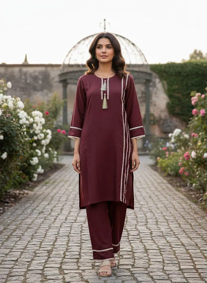 2 Pcs Women's Stitched Cotton Lawn Lace Work Shirt And Trouser