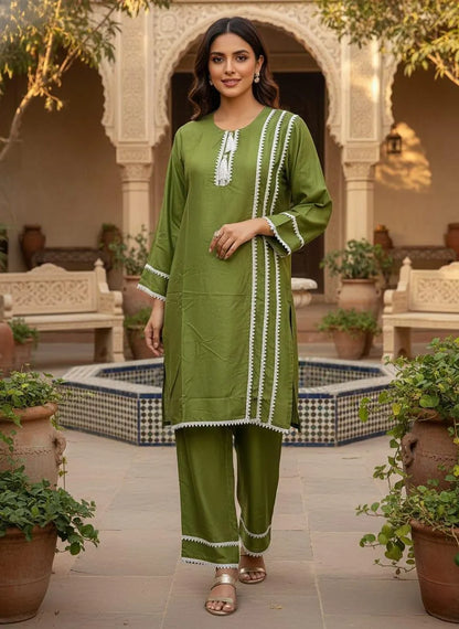 2 Pcs Women's Stitched Cotton Lawn Lace Work Shirt And Trouser