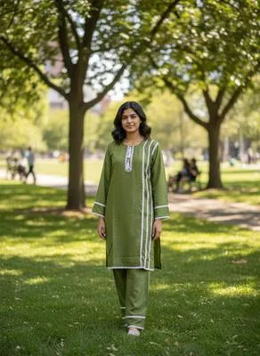 2 Pcs Women's Stitched Cotton Lawn Lace Work Shirt And Trouser