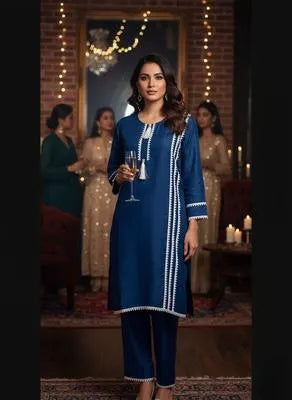 2 Pcs Women's Stitched Cotton Lawn Lace Work Shirt And Trouser